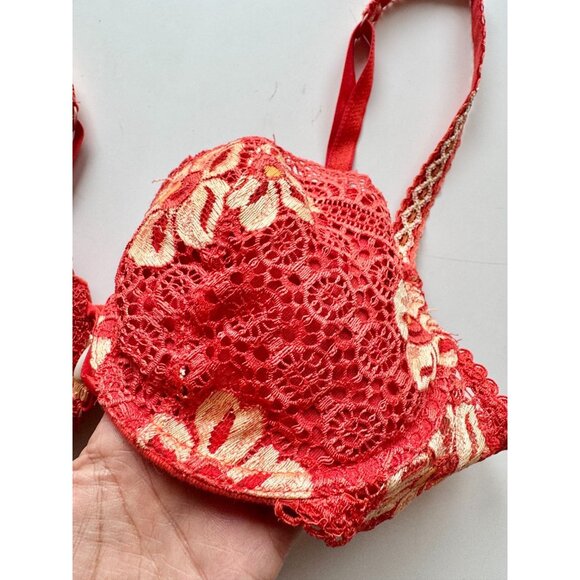 LEJABY Red Orange Yellow Floral Lace Seashell Charm Demi Bra, Size 34C - Picture 4 of 13